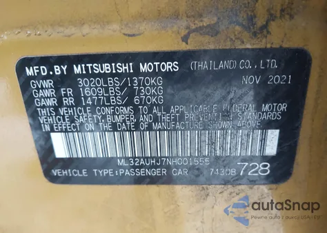 2022 Mitsubishi Mirage Es/Le z USA, uszkodzony, nr VIN ML32AUHJ7NH001555